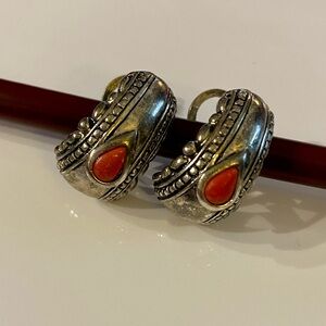 Silver Tone Post/Clip Hoop Earrings Embossed Design Red Stone